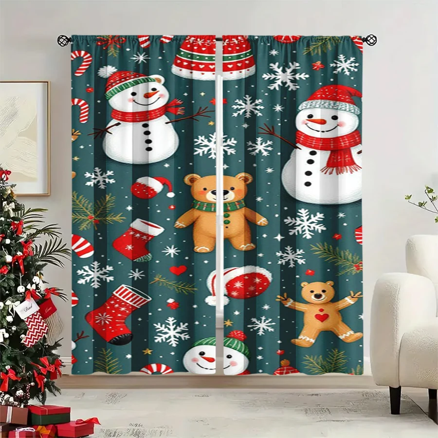 2PCS Christmas Winter Curtains, Dark Green Cartoon Snowman Teddy Bear Stocking, Digital Print, Bedroom Living Room, Home Decor