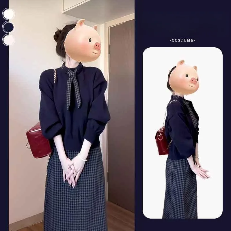 

Комплект из вязаного свитера и юбки в клетку серии Salt для женщин: длинный рукав, круглый вырез, модный, омолаживающий, трендовый...