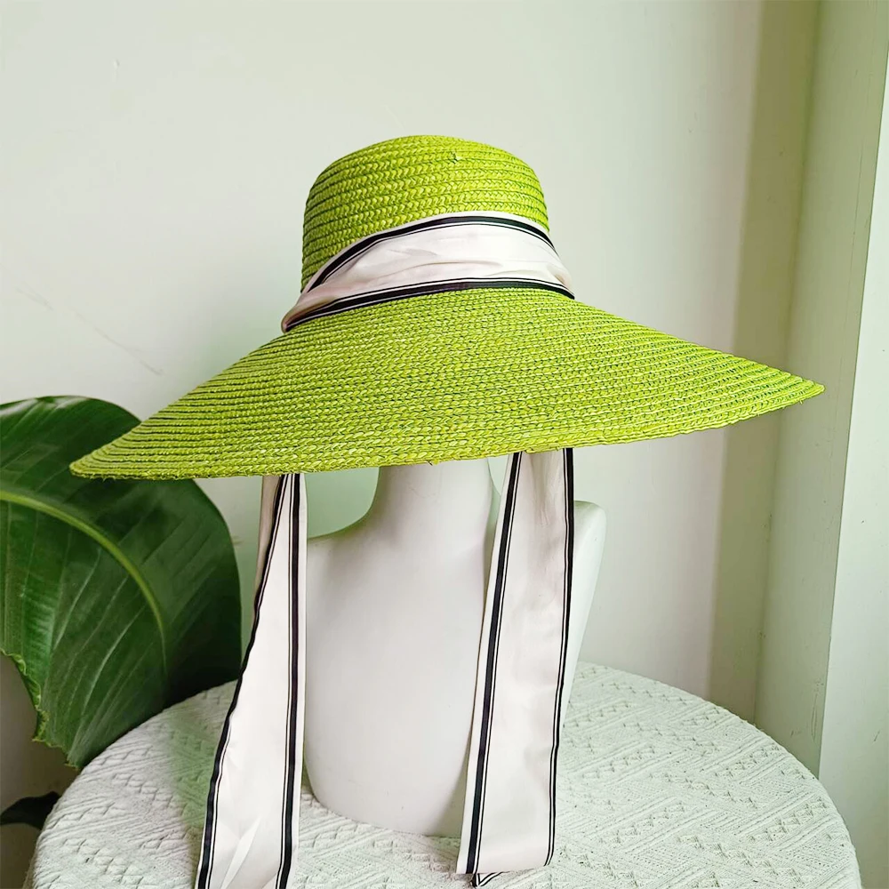 

New Green Wide Brim Beach Hat for Women with Straw Tie and Large Brim Anti-UV Summer Sun Hat