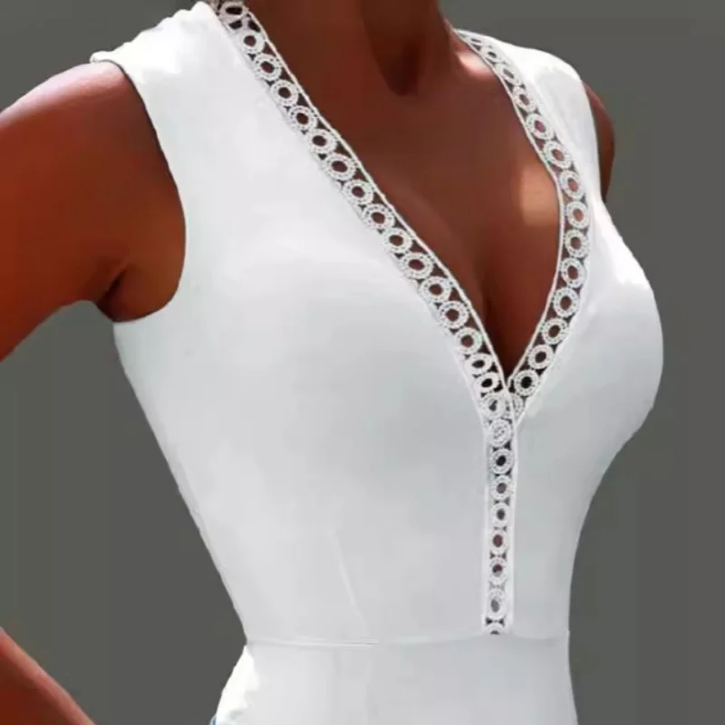 New Fashion Summer Casual Sexy Contrast Lace senza maniche Tank body Top abbigliamento femminile abiti