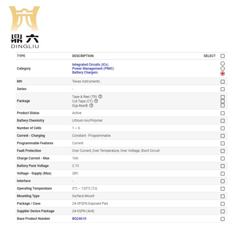 BQ24610RGET BQ24610RGER  IC BATT CHG LI-ION 1-6CEL 24VQFN  BQ24610RGET Charger IC BOM service