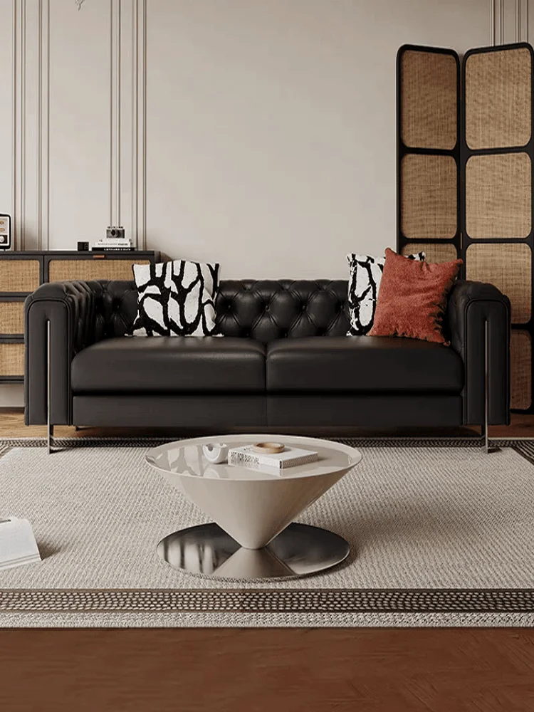 

Italian light luxury leather sofa living room size apartment black nappa leather simple buckle leisure business sofa