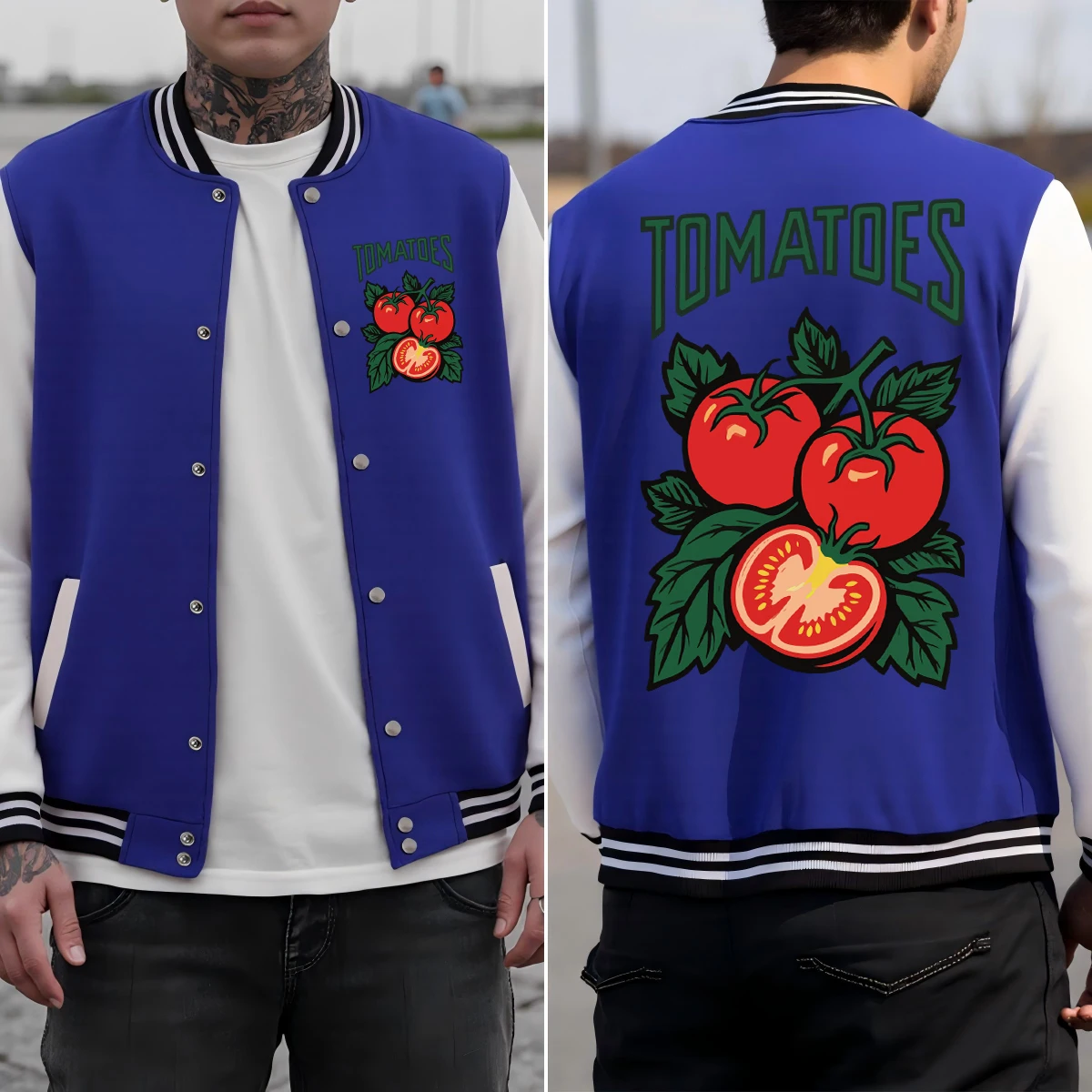 

Fresh Sweet Tomatoes Fruit Print Men Streetwear Soft Loose Baseball Uniform Colorful Cotton Jacket Hip Hop American Clothing