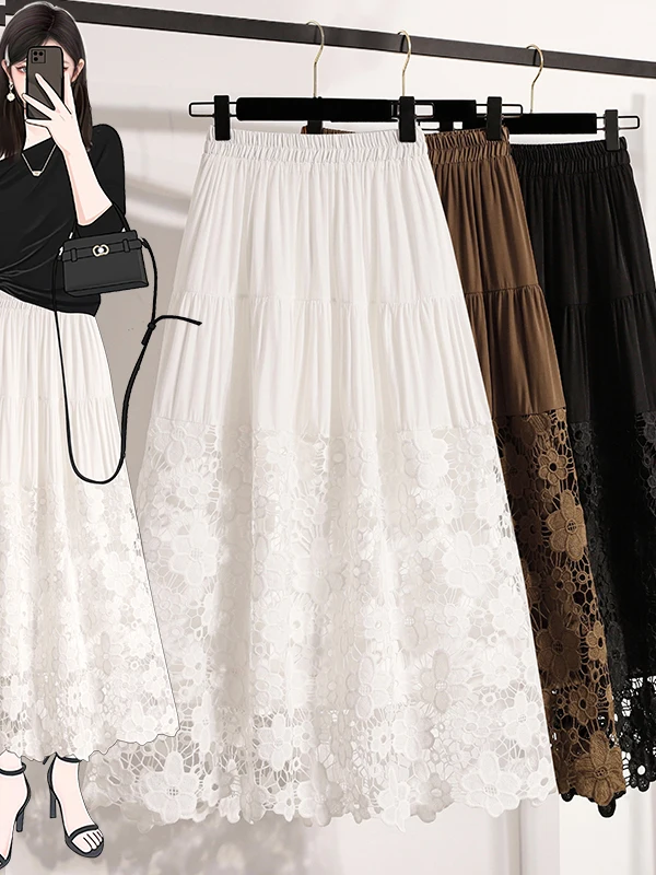 plus Size Lace Splicing Hollow out Half Skirt Spring Summer Elastic Waist Hiding Hip Slimming Long Casual Commute Cake Skirt ...