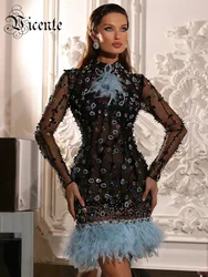 VC Colourful Diamonds Short Prom Dress High Neck Rhinestones Long Sleeves Mesh Patchwork Feathers Hemline Mini Sexy Club Gowns