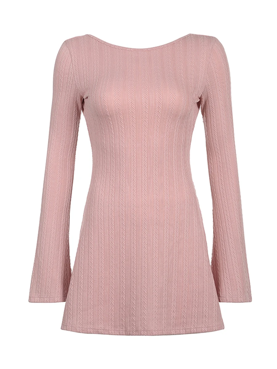 Women Spring Autumn Mini Dress Long Sleeve Crew Neck Backless Solid Color A-line Dress for Party Club