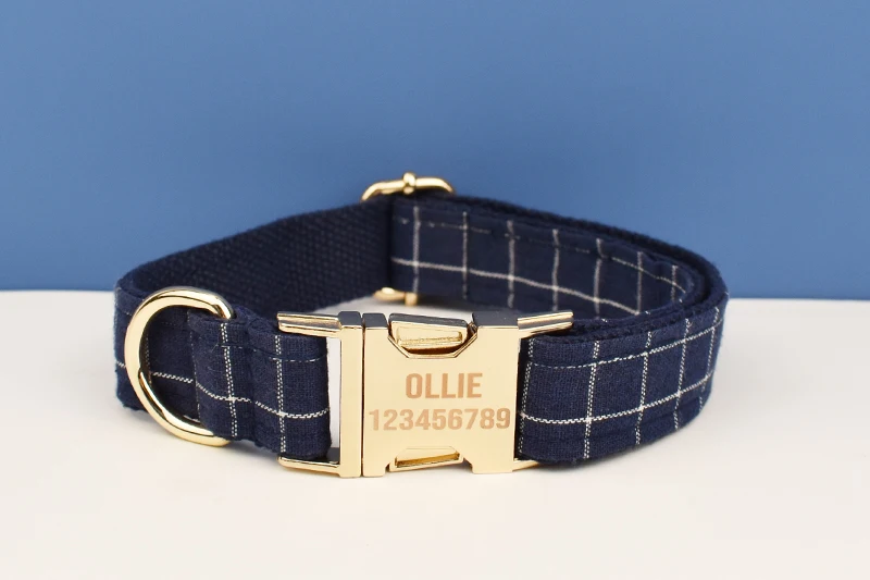 Dark Blue Check Dog Collar Leashes Harness Bow Set Grid 02