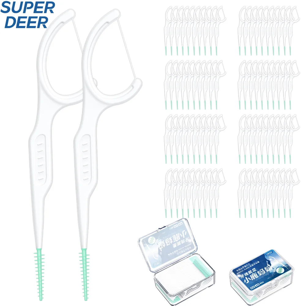 40PCS Mint Dental Floss Pick 2-in-1 with Silicone Interdental Brush Disposable Interdental Cleaner Portable Oral Hygiene Tool