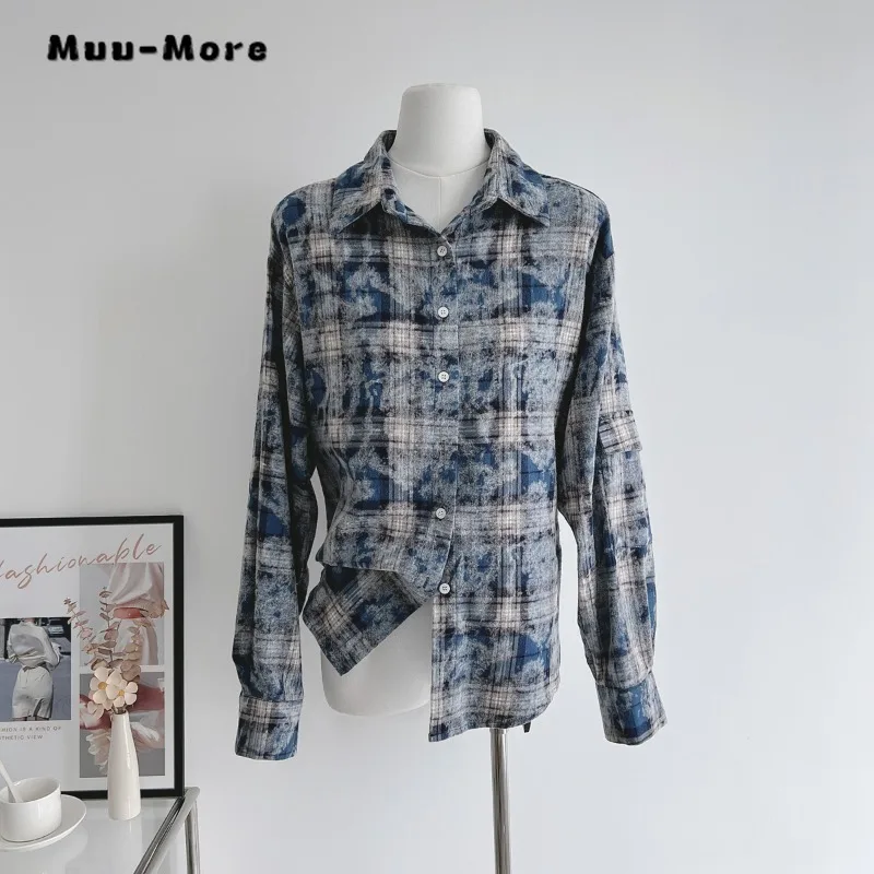 2023 Autumn Blue Double-sided Design Plaid Shirt Jacket Women's Loose Oversize Fall Long Sleeve Blouse Tops mujer Feamle