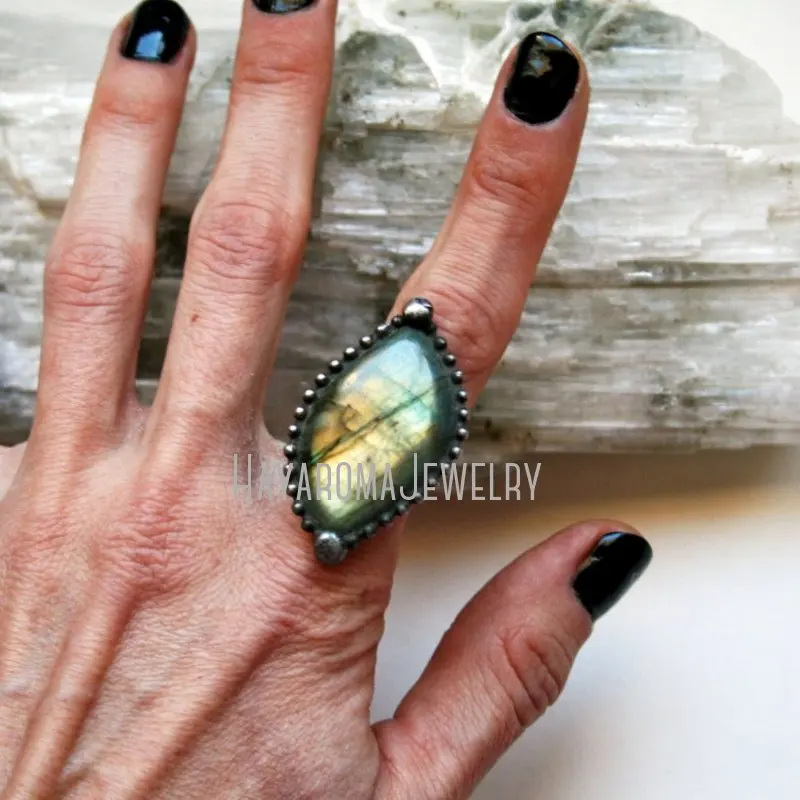 

Wicca Witch Goth Jewelry Marquise Stone Big Blue Rainbow Labradorite Adjustable Statement Ring Halloween for Women Boho