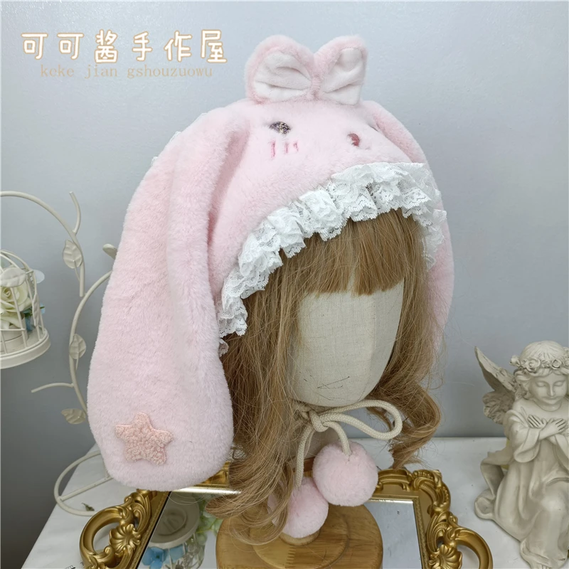 Japanese Style Soft Girl Lolita Cute Sweet Plush Lop Eared Rabbit Cap with Ears Autumn and Winter Warm Hat Female