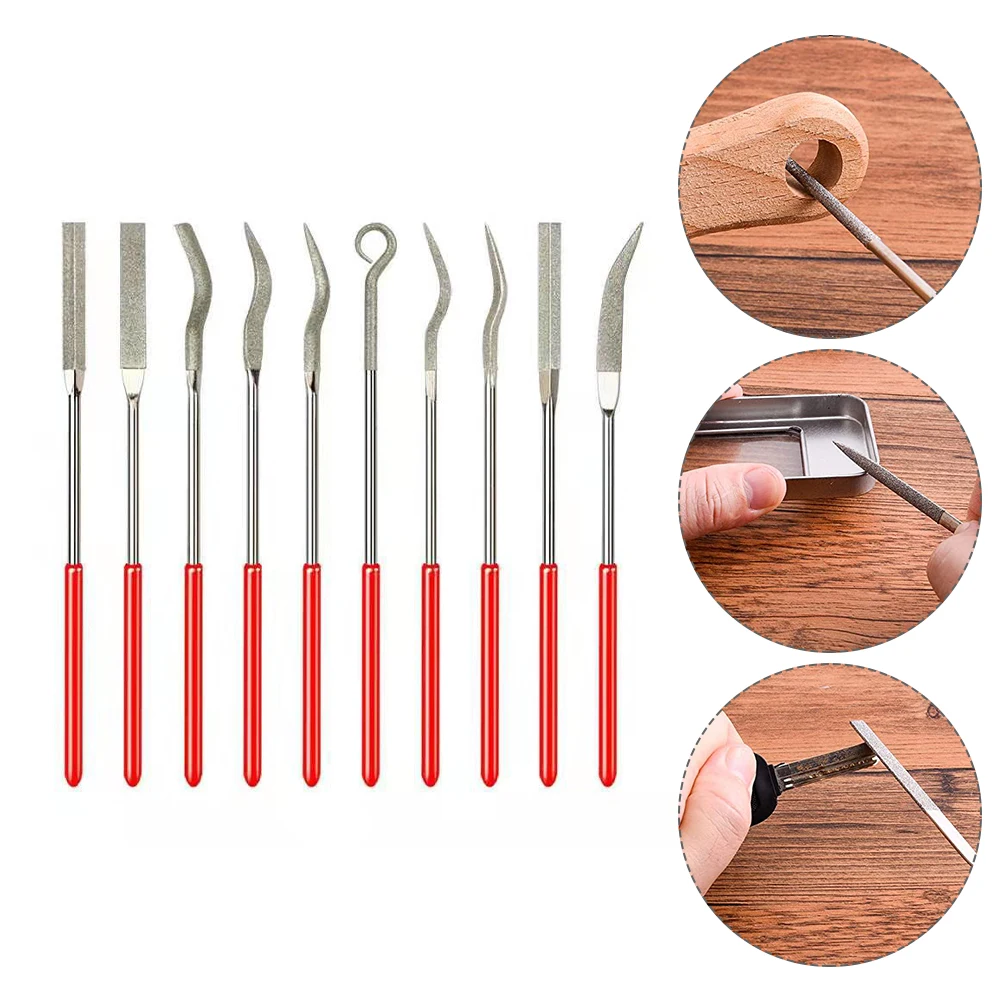 

10 Pcs Mini Shaped File Set Rubberized Handle Coated Woodworking Tools Alloy Sanding Filing Polishing Craft Jewelry DIY