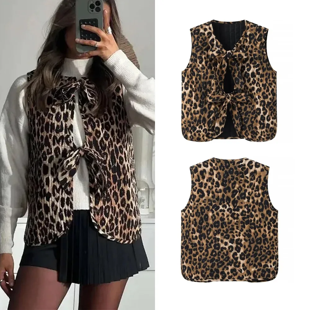 

New Fashion Leopard Print Lace-up Vest Tops Spring and Autumn Slim Fit Sleeveless Top Women's Vest Traff Waistcoat Women 2024