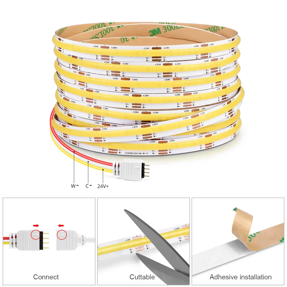 Tuya Smart COB LED Strip DC24V 3M/5M Ajustável 2700K-6500K Faixa de luz CCT regulável para Alexa/Google Home funciona com SmartLife