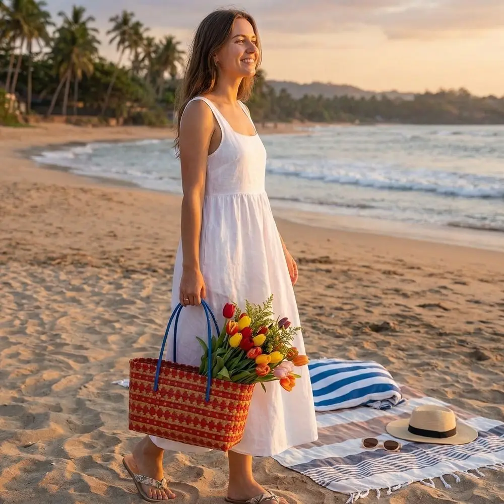 

Hollow Out PVC Vegetable Basket Bag Vacation Style Waterproof Beach Tote Bag Large Capacity Bohemian Style Plastic Handbag