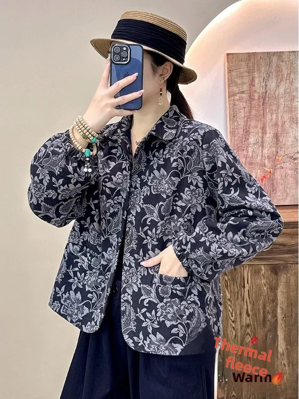 Retro Sle Fce gevoerde lange Sve irt Jaet dames losse pasvorm bedrukte Brued bovenkleding herfst winter nieuwe collectie