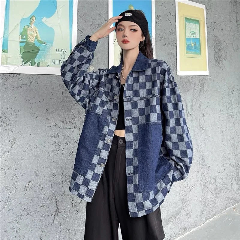 2023 Spring New Plaid Denim Coats Women High Street Hip Hop Turn Down Collar Long Sleeve Oversized Jackets Couples