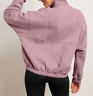 Woman Sweatshirts 2023 Autumn Zipper Pocket Design Stand Collar Long Sleeve Casual Solid Color Daily Crop Pullover Sweatshirt