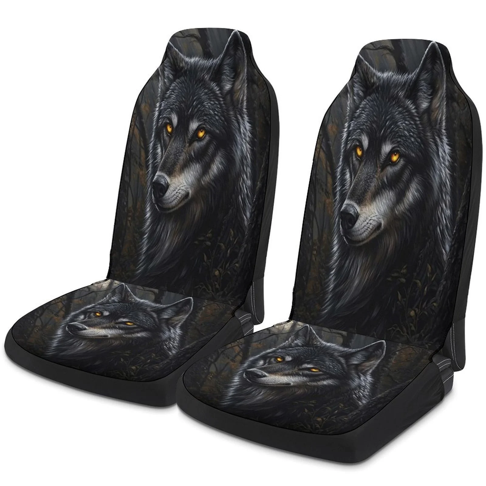 [Howling Wolf Illustration] Wolf In Moonlight Car Seat Cover Set - Stylish Black & Gray, Universal Fit, Machine Washable Polyest