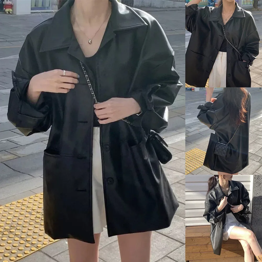 Casual Fashion Coat Spring Autumn Coat Autumn Vacation L M Brand New Condition Long Sleeve Design PU Leather Material