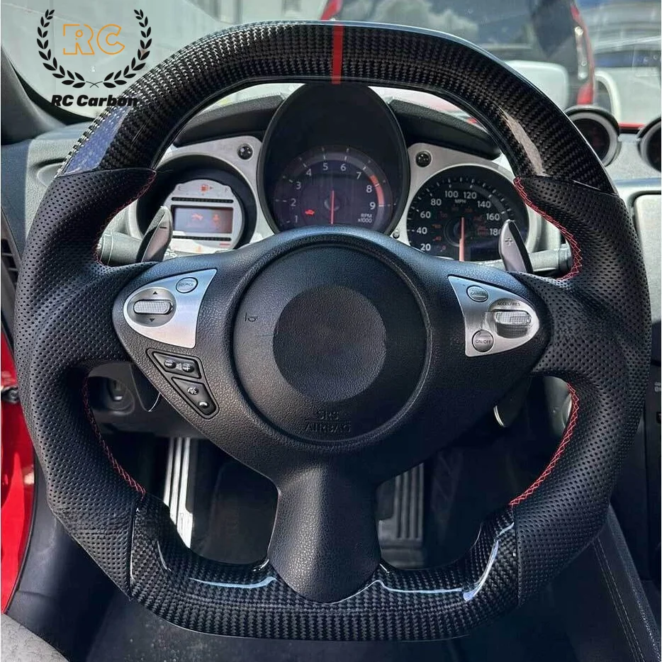 

Real Carbon Fiber Flat Perforated Leather Steering Wheel For Nissan 370Z Z34 2008-2020