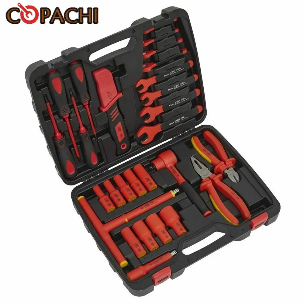 27Pc 1000V Changeable Insulated Tool Kit Electric Insulation Magnetic Screwdriver Repair Set Socket Set Extension Pliers Ratchet