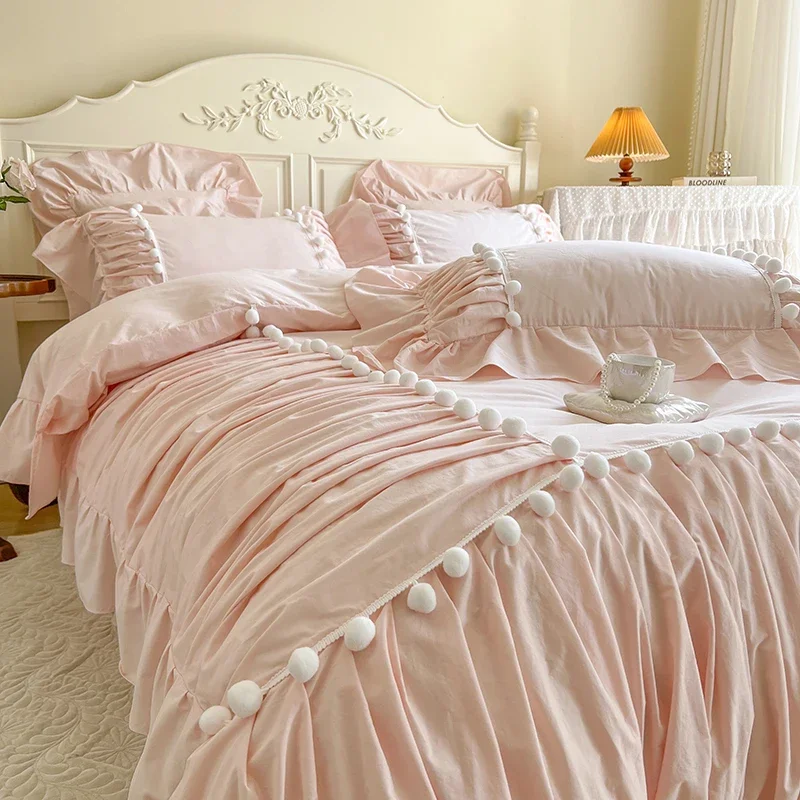 

Super Soft Washed Cotton Bedding Sets Luxury Pink Princess Pleated Hairball Decorate Duvet Cover Bed Sheet Pillowcases