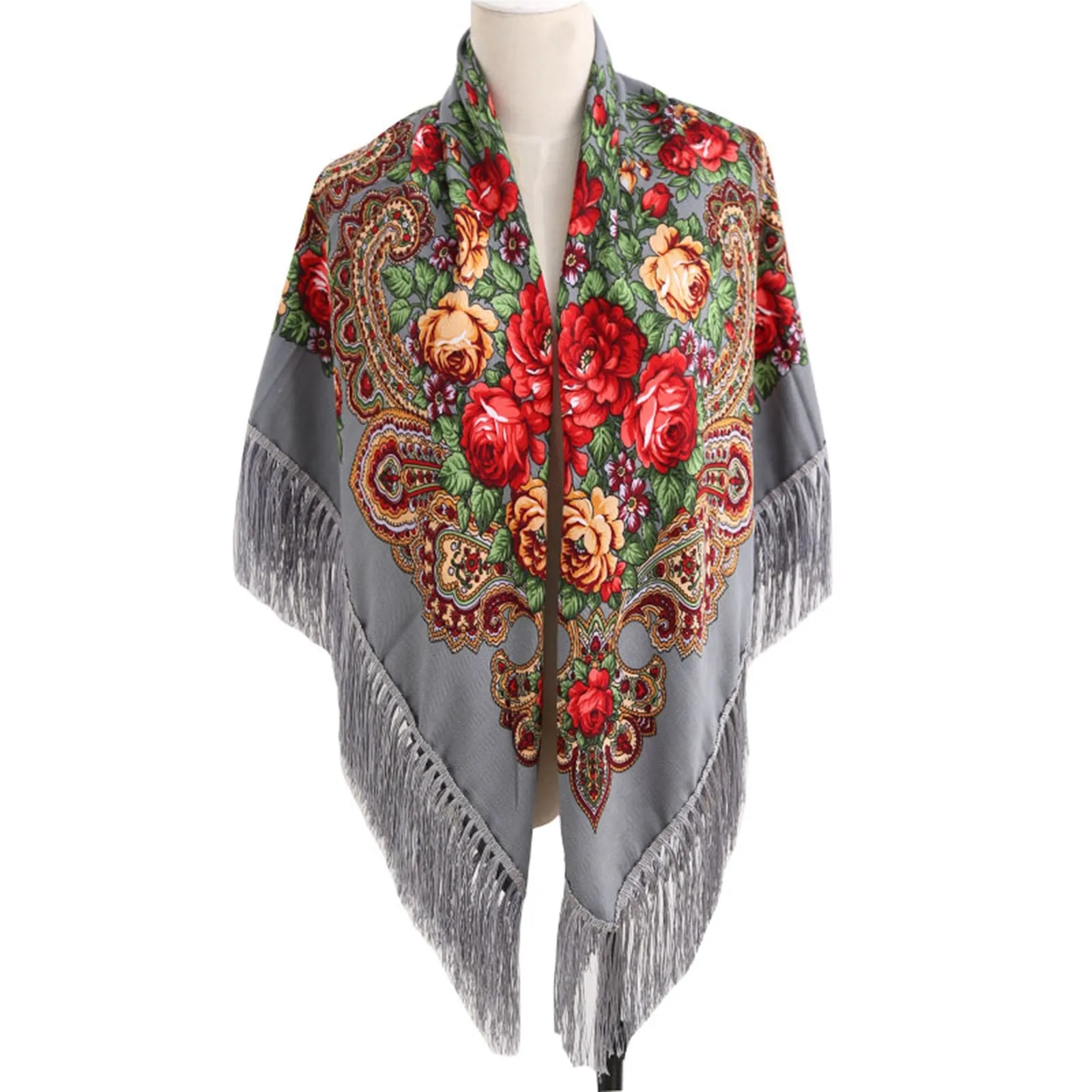 135*135cm Russian National Square Scarf Women Luxury Floral Print Ukrainian Fringed Shawl Babushka Handkerchief Head Wraps