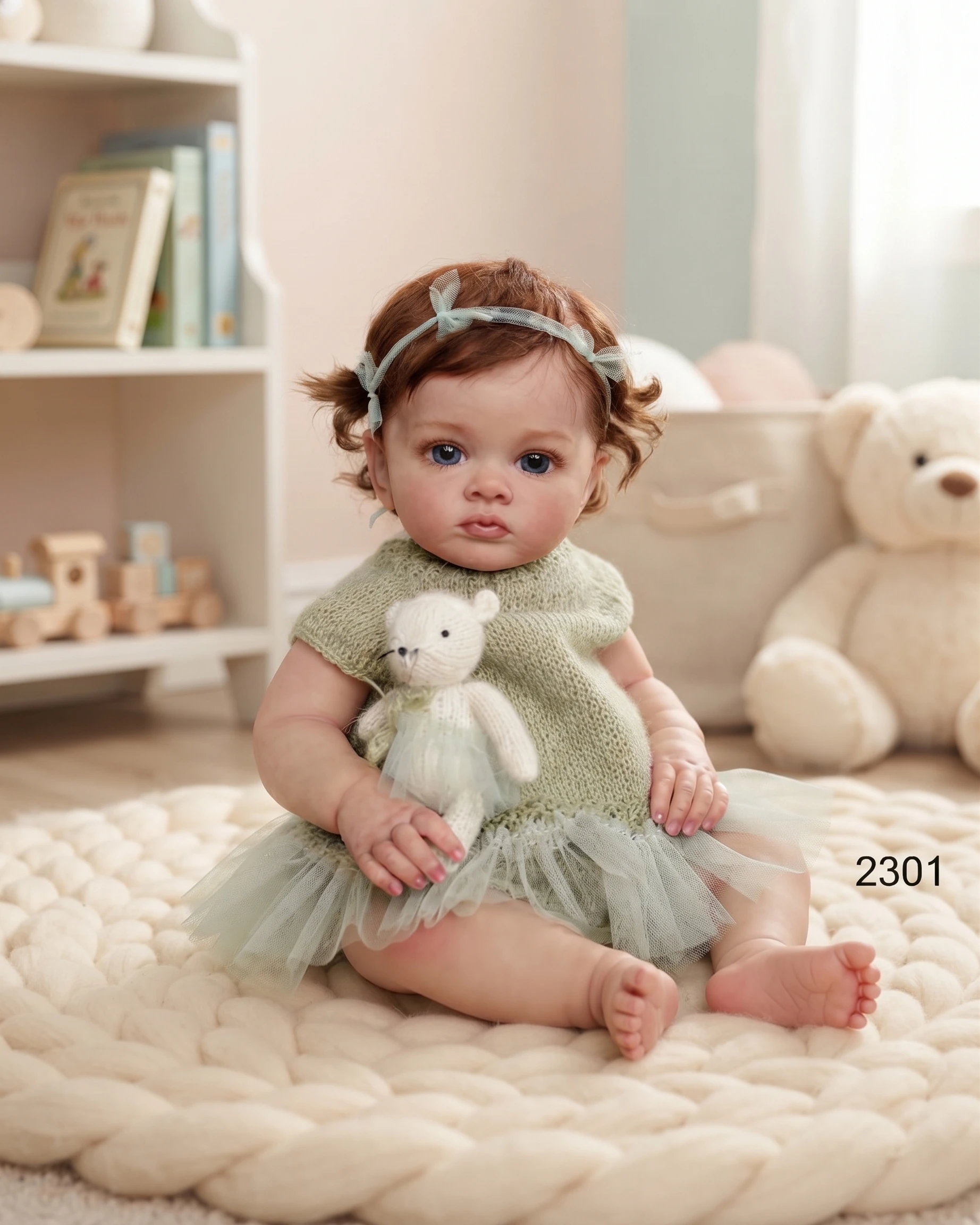 

22 Inch Lifelike Reborn Dolls for Girls Soft Vinyl Realistic Newborn Handmade Toy with Reddish-Brown Curly Hair and Blue Eyes and Outfit and Teddy Bear Doll