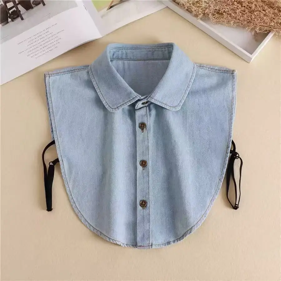 Women's Blue Washed Denim Pointed Collar Fake Collar Professional Casual Versatile Decoration Half Shirt Detachable Collar