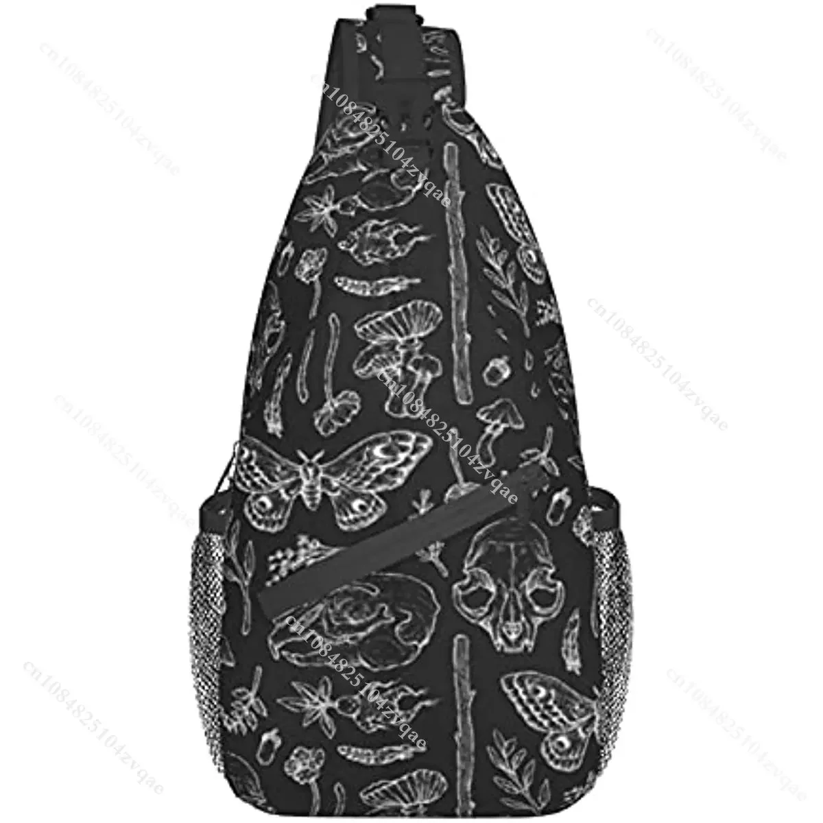 Crossbody Sling Bag para caminhadas, mochila no peito, mochila de ombro, camping, corrida, borboleta, crânio, cabeça, cogumelo, folha, espécime