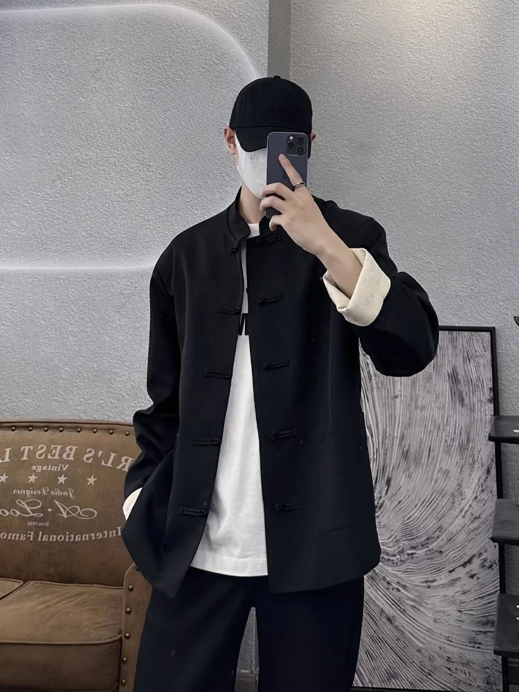 New Chinese Style Men's Suit Jacket Pad Shoulder Stand Collar Youthful National Trend Button Decoration Casual Summer Fashion