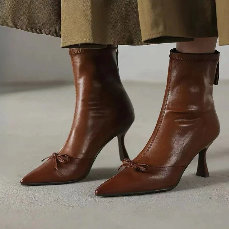

Сексуальные женские ботильоны на высоком каблуке с бантом, модные туфли с острым носком, зима 2025, туфли-лодочки, модные элегантные модельные туфли на шпильке Mujer Botas