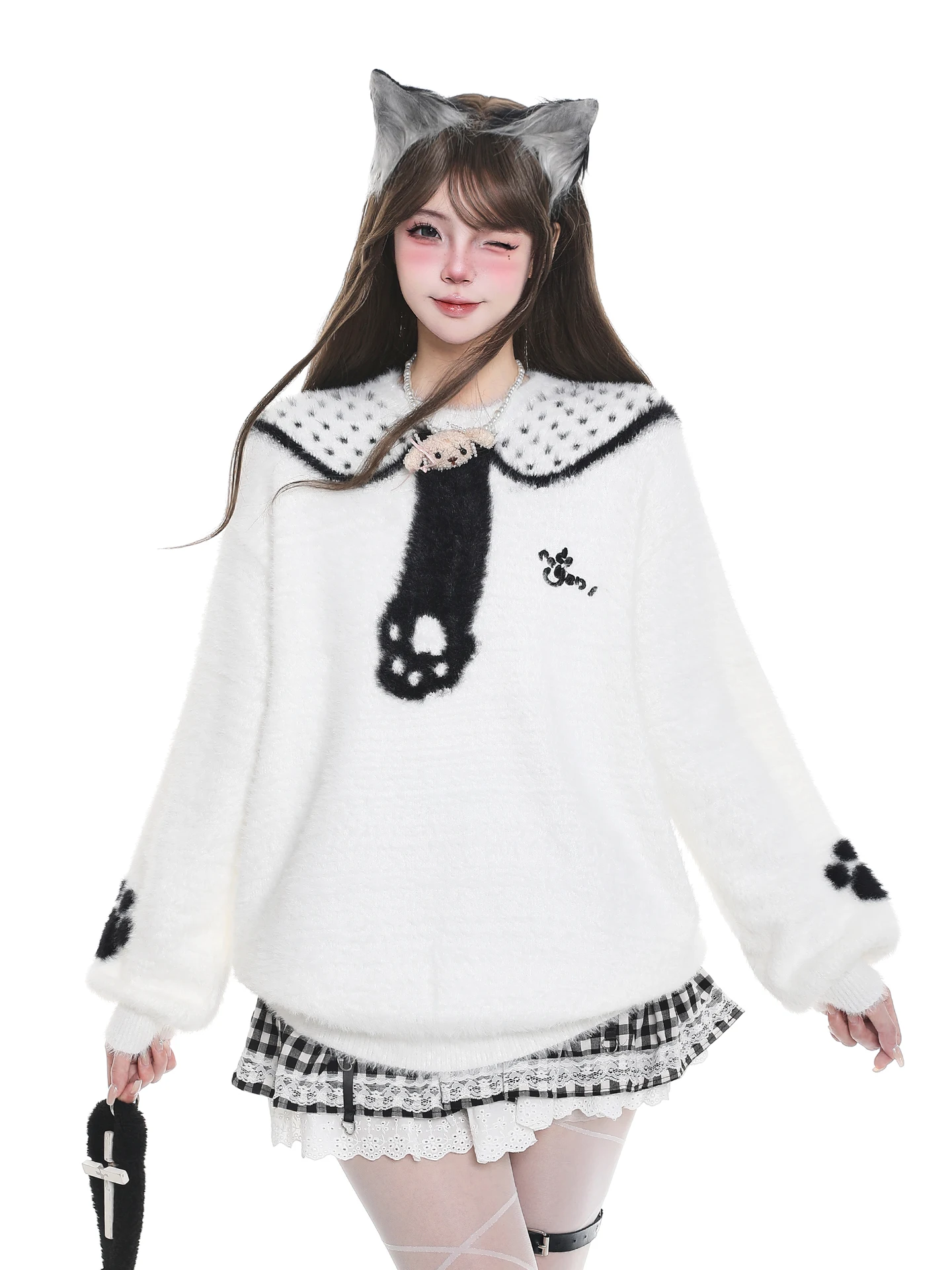 

Милый милый вязаный свитер с когтями, женский осенне-зимний теплый свитер с головой и волосами, свободный крой, длинный кукольный воротник све