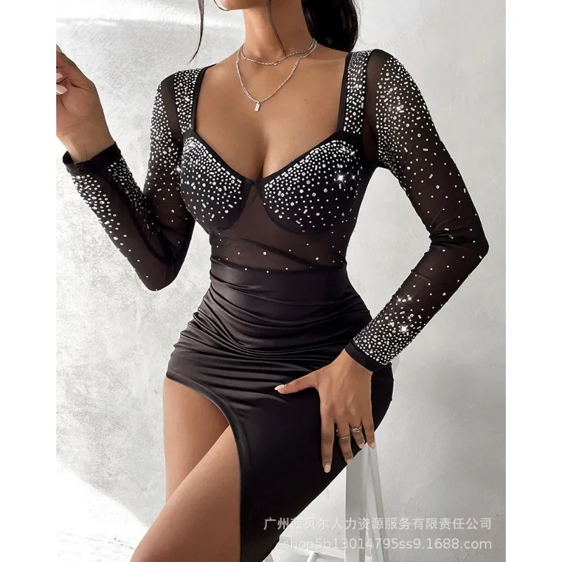 Women Rhinestone Sheer Mesh Asymmetrical Corset Party Dress Y2K Elegant Long Sleeve V Neck High Waist Bodycon Evening Dress