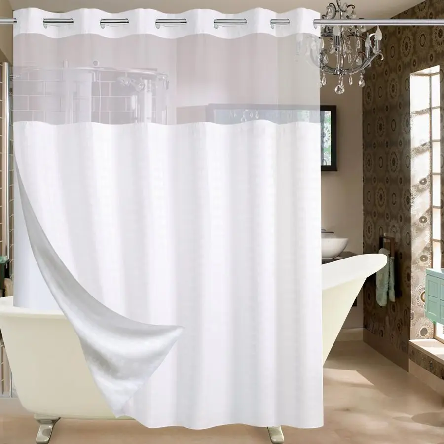 

Extra Wide No Hook Shower Curtain with Snap in Liner Set, 108 x 74 Hotel Luxury White Shower Curtains for Bathroom with See Thro