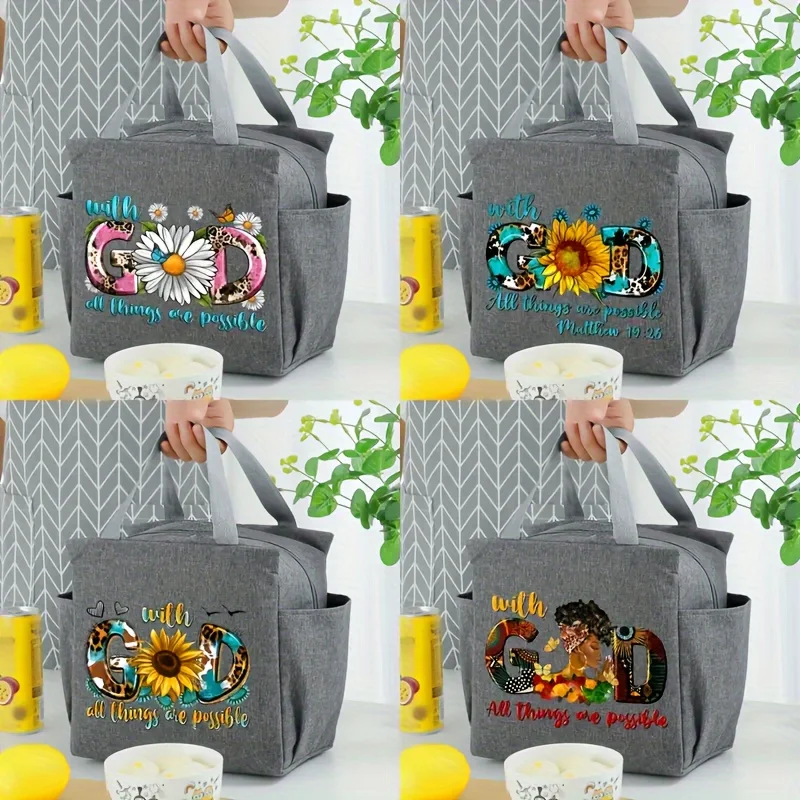 Oxford Cloth Insulated Tote Bag with Double Pockets - Hand Washable Square Tote Bag  Fresh-Keeping Handbag
