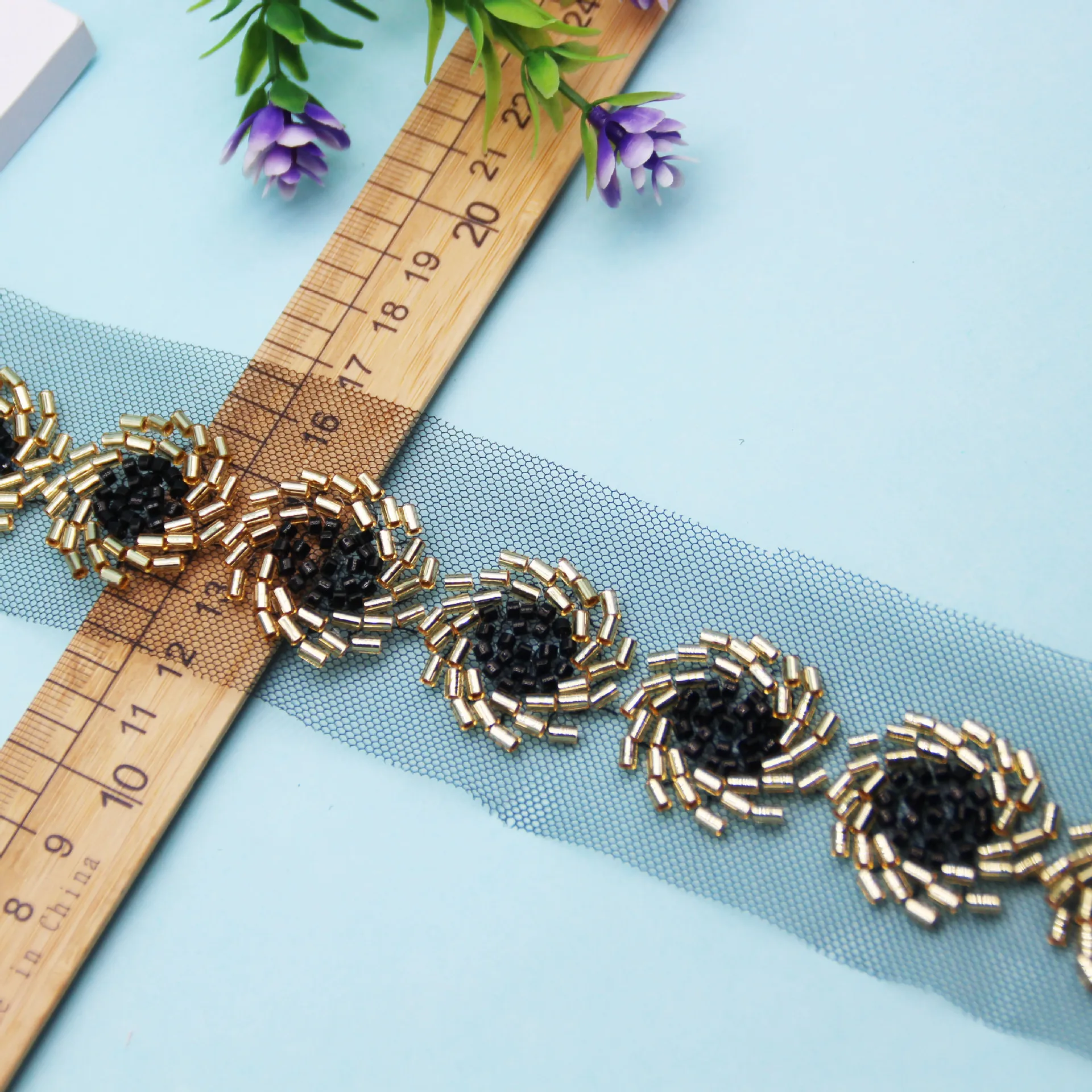 Black and Gold Spiral Nail Bead Lace Ribbon Glass Bead Handmade DIY Nail Bead Lace Hair Accessory Clothing Accessories