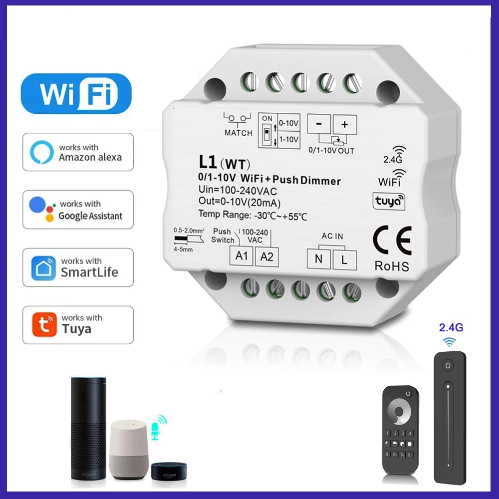 0/1-10V WiFi RF Push Dimmer Tuya APP Voice Smart Control 4 Zone Dimming Touch Wheel RF Remote Controller for Indoor Lighting