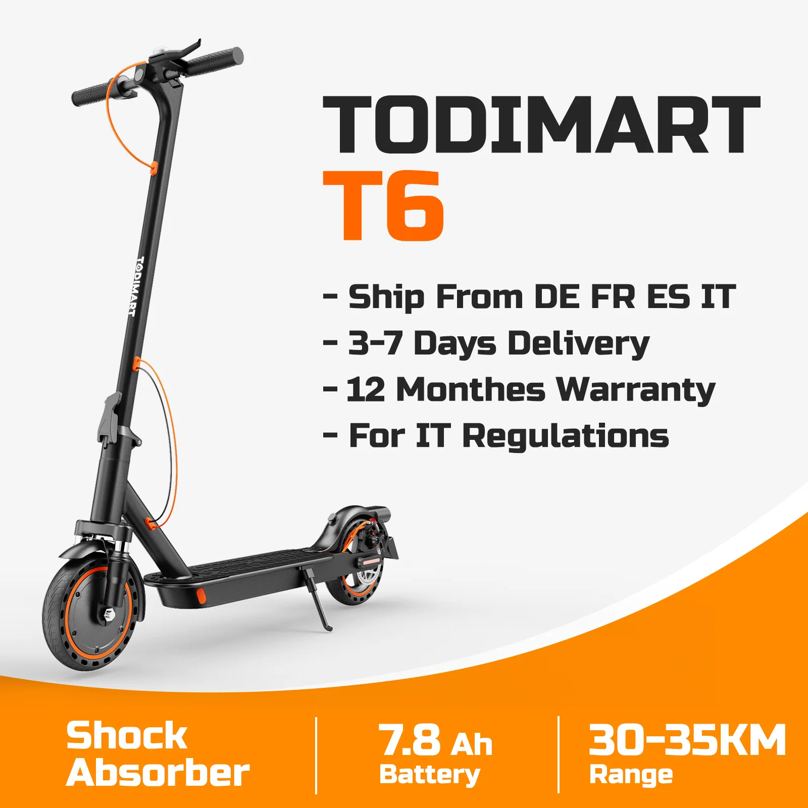 T6 TODIMART Elektroroller 350W Mit Federstoßdämpfer Maximale Reichweite 30-35KM 8,5-Zoll-Reifen E-Scooter für Erwachsene Tenny