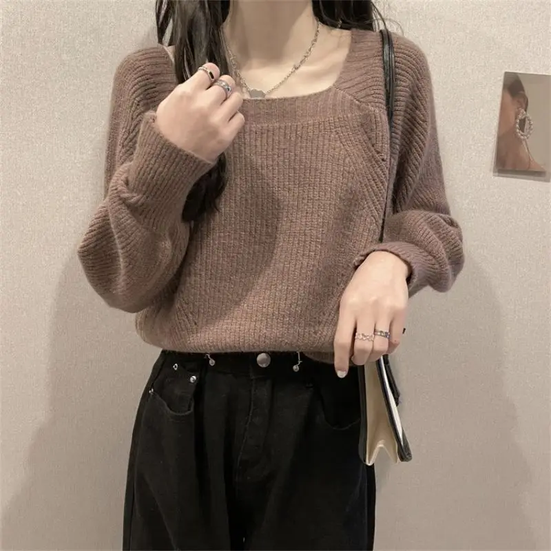 Women Autumn Simplicity Temperament Loose Solid Color Square Collar Long Sleeve Knitwear Ladies Fashion All-match Knitting Tops