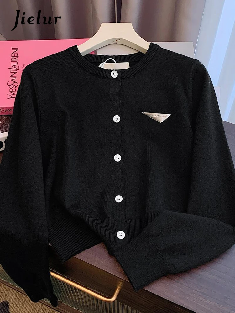 Jielur Black Knitting Loose Sexy Women's Cardigan Office Lady O-neck Single Breasted Chic Solid Color Casual Female Streetwear