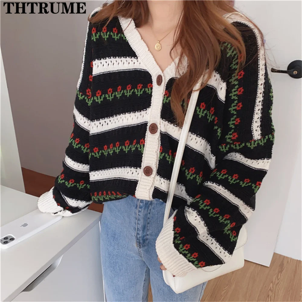 Casual Autumn Winter Sweaters Fashion Women Floral Print Single Breasted Knit Chic Jumpers Tops Elegant Sweet Loose Cardigans