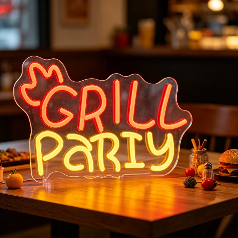 

Grill Party Neon Sign LED BBQ Patio Home Barbecue Decor USB Rechargeable Flaming Grill Night Light Aesthetic Desk Wall Art Gift