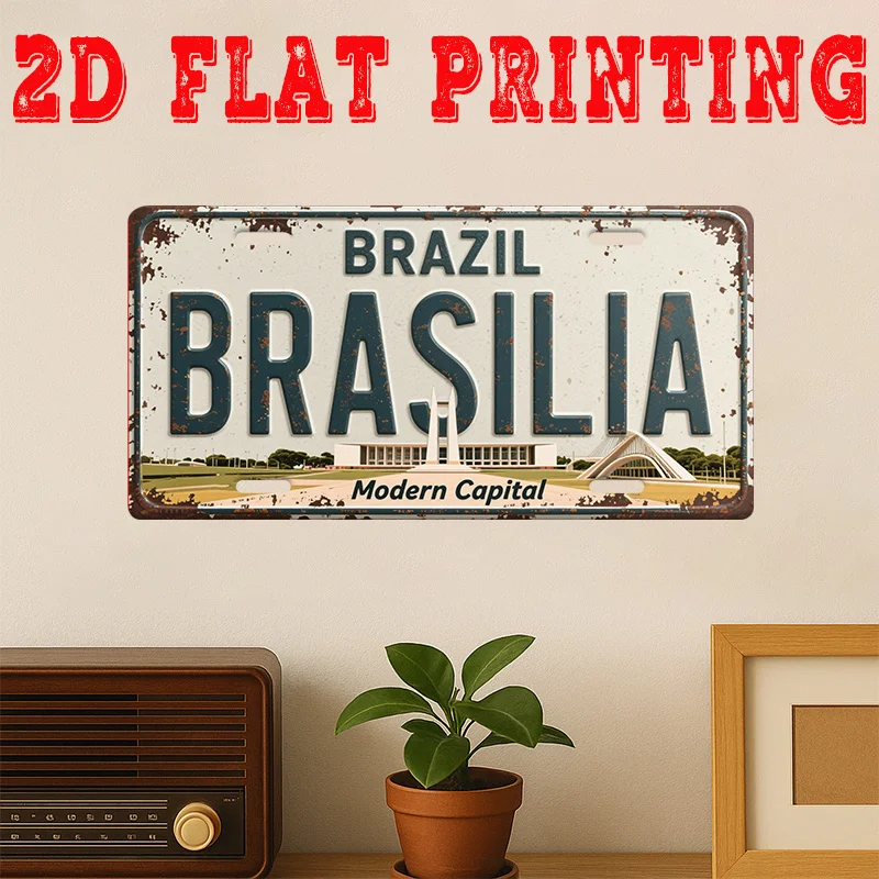 2D Flat - [2D Flat] 2D Printed Sign, One Piece, Vintage Metal Tin Sign (29.97 * 14.99 cm), Brasília Modern Capital Sign, Retro D