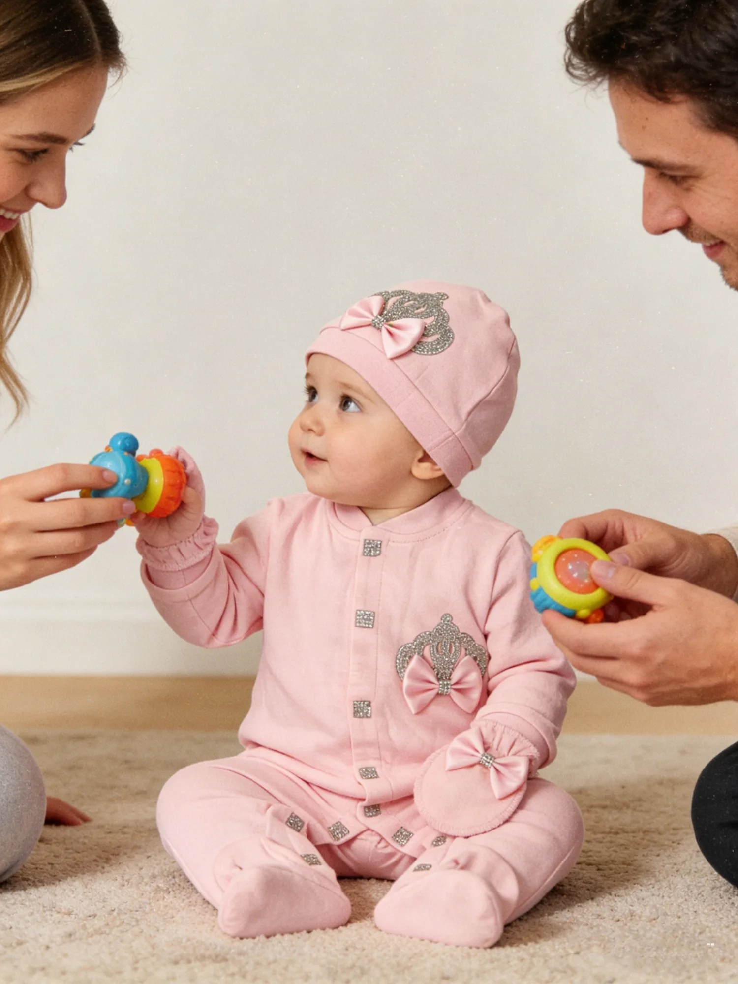 Baby Girl Pink Crown Luxury Set - Onesie Hat Mittens with Double Bow & Rhinestone