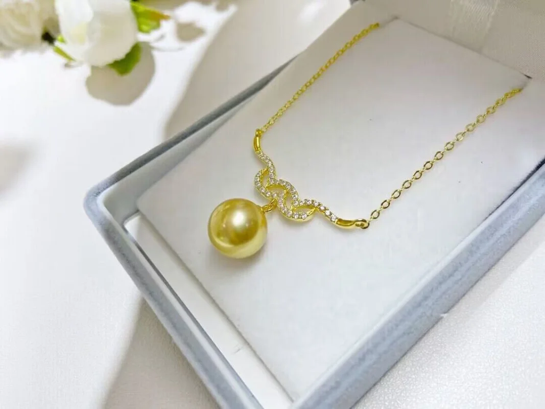 gorgeous 10-11mm south sea round gold pearl pendant 925s  chain  pearl necklace  silver 925 jewelry  vintage