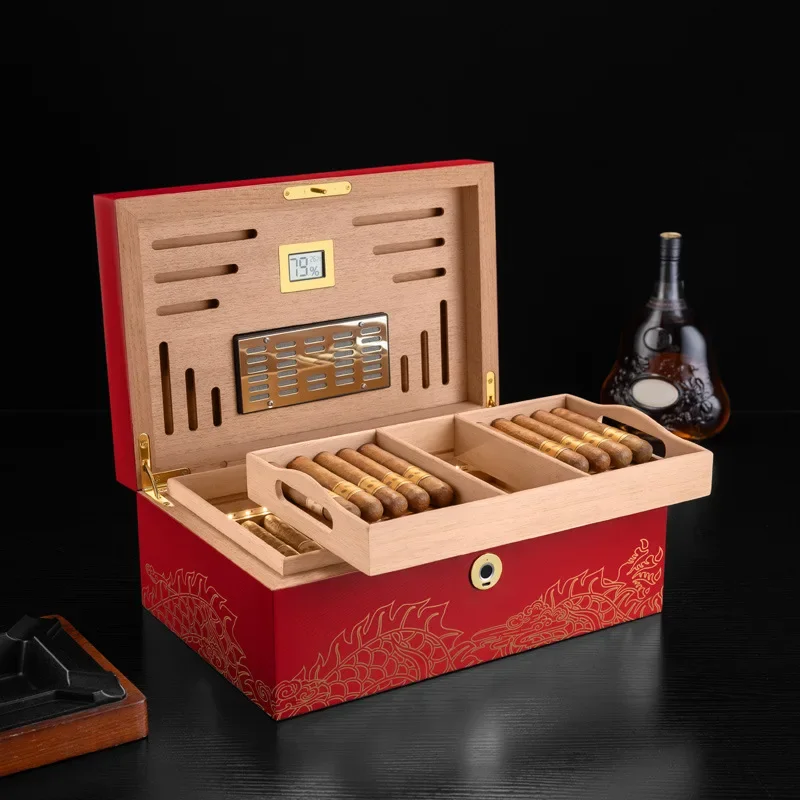 

Can store 60 cigars made of cedar wood equipped with a fingerprint lock Solid humidor printed with a Chinese red gold dragon