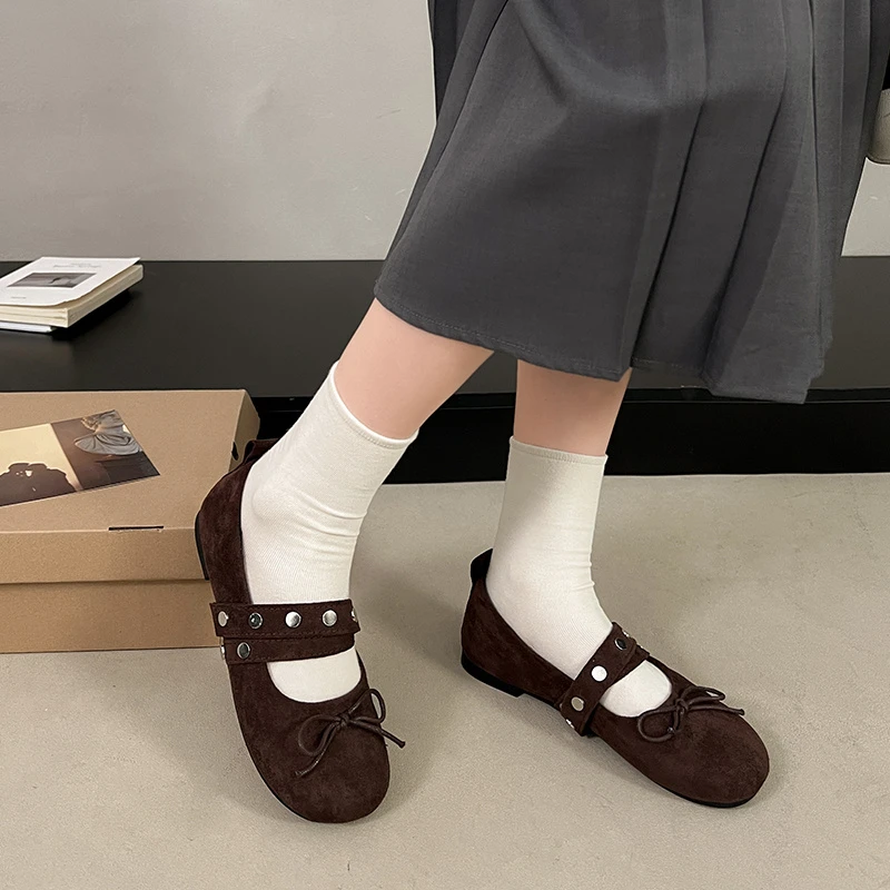 Fashion Pu Leather Women Ballet Flats Footwear Lolita Shoes Luxury Autumn Female Butterfly-Knot Round Toe Ladies Dance Shoes