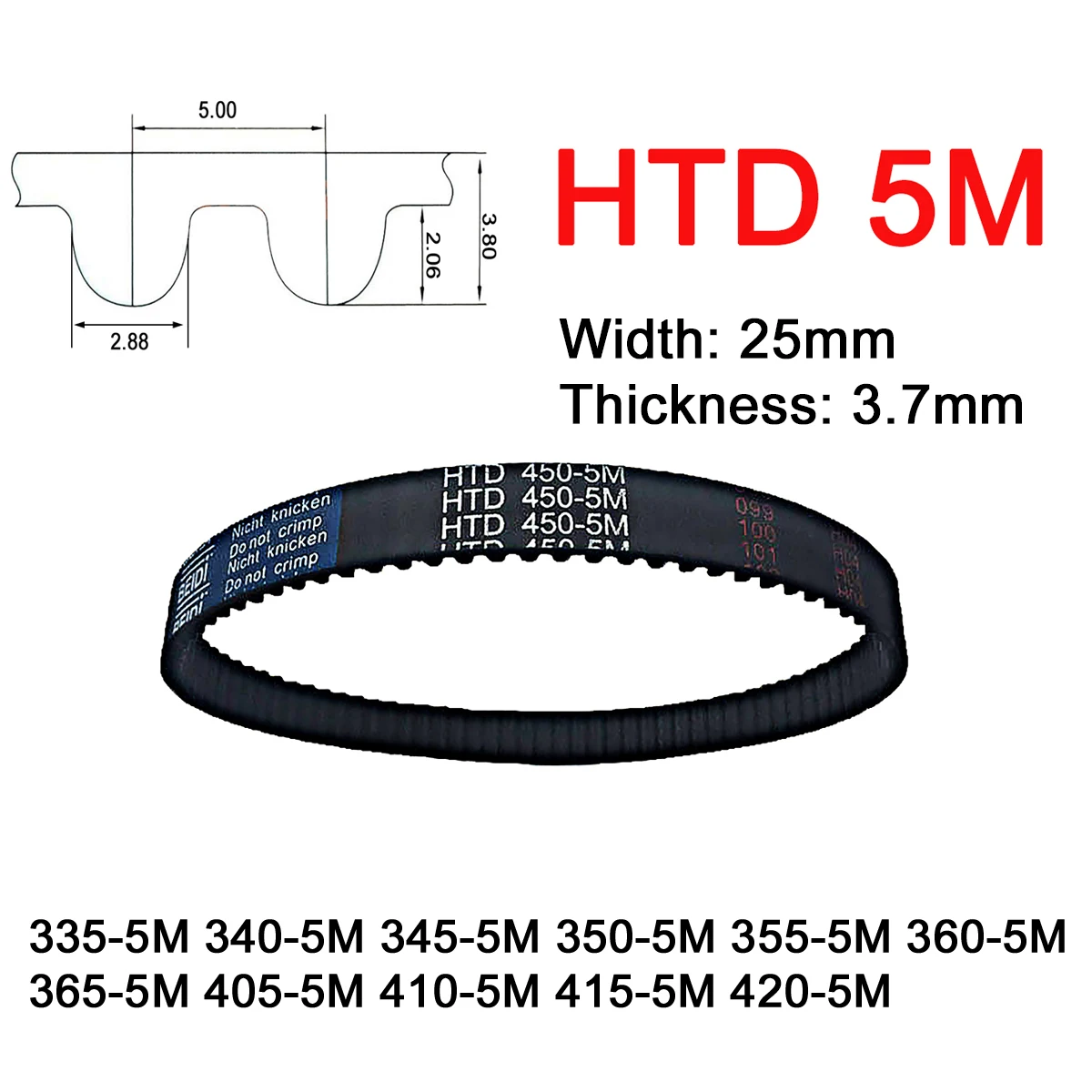 1Pc Width 25mm 5M Rubber Arc Tooth Timing Belt Pitch Length 335 340 345 350 355 360 365 405 410 415 420mm Closed Loop Drive Belt